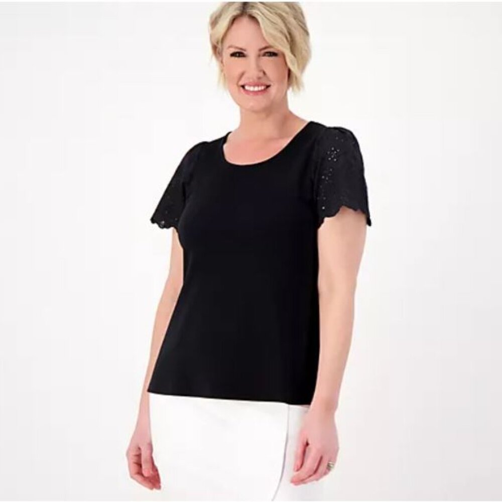 Isaac Mizrahi Live! Knit Swing Top with Eyelet Sleeves-Pitch Black, Medium